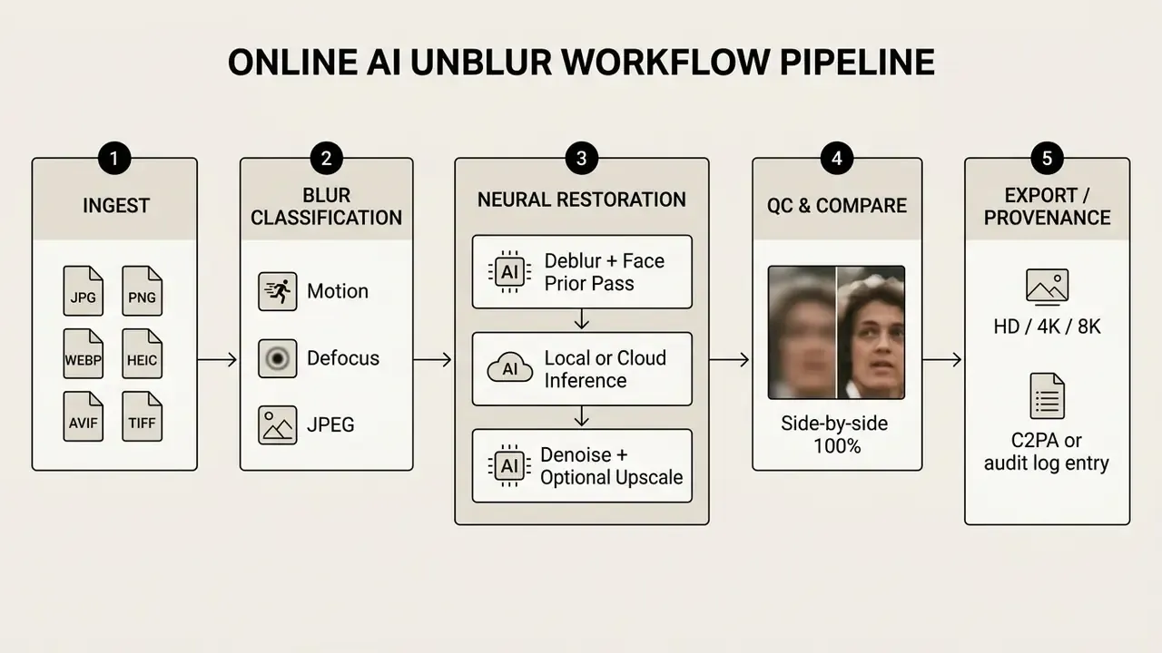 Five step process diagram showing file ingestion, blur classification, neural restoration, and export