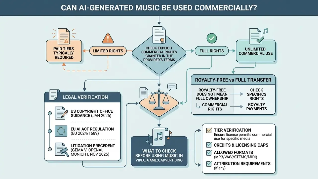 Decision tree outlining legal verification steps and commercial usage rights for AI-generated music
