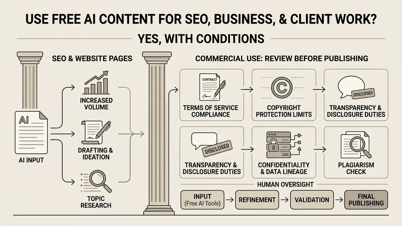 Diagram showing considerations for commercial use of automated text including compliance and human oversight