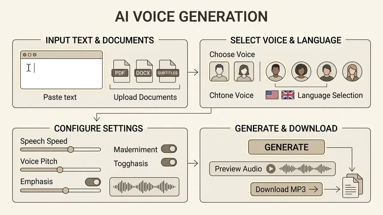 Infographic showing the four steps to generate an AI voice by inputting text, selecting options, and downloading