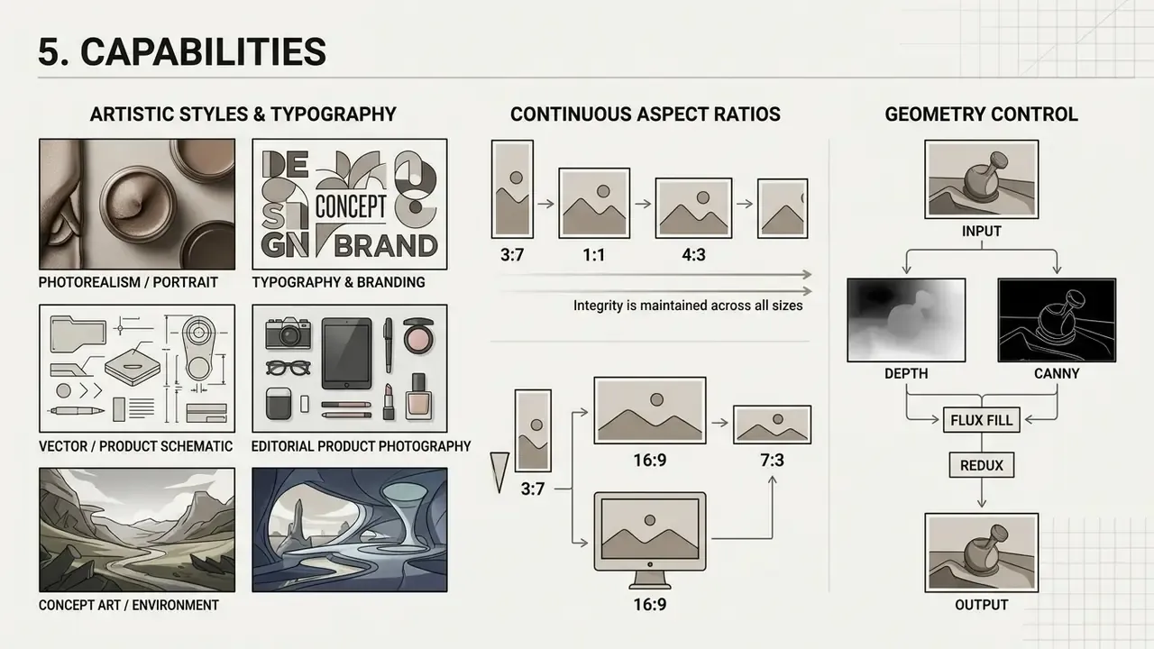 Visual overview of Flux AI capabilities including artistic styles, aspect ratio flexibility, and geometry control