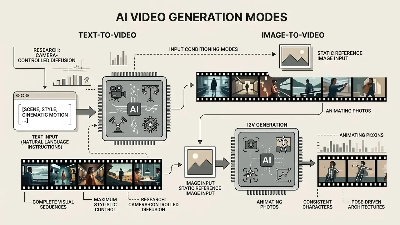Diagram comparing text-to-video and image-to-video synthesis processes using AI video generator models