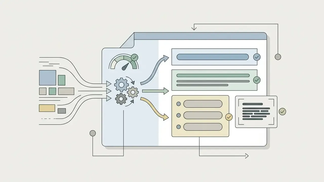System processing raw data inputs into structured slide titles, bullet points, and summary text boxes