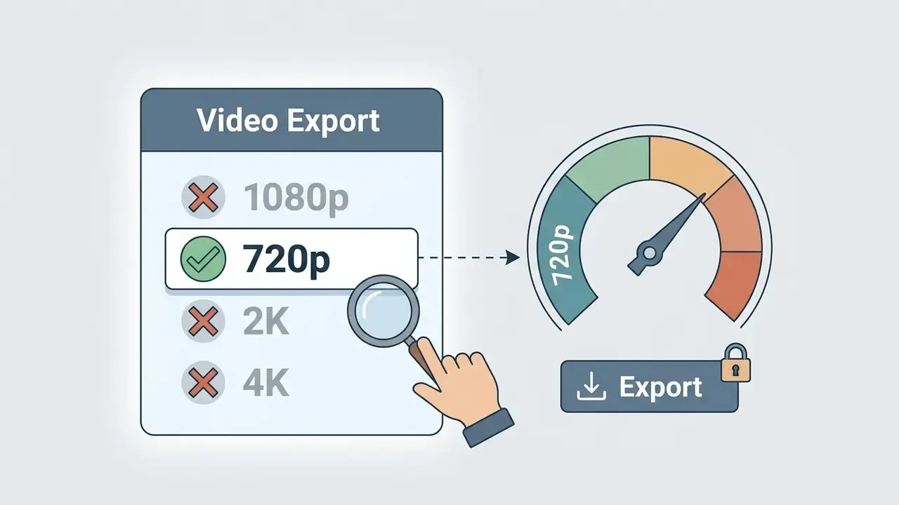 Menu showing 720p resolution selected for video export with a magnifying glass and locked button