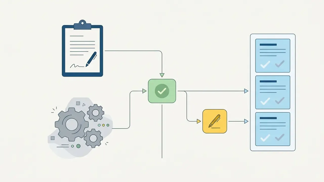 Process flow showing a signed document and gears feeding into a central hub that updates a list of records