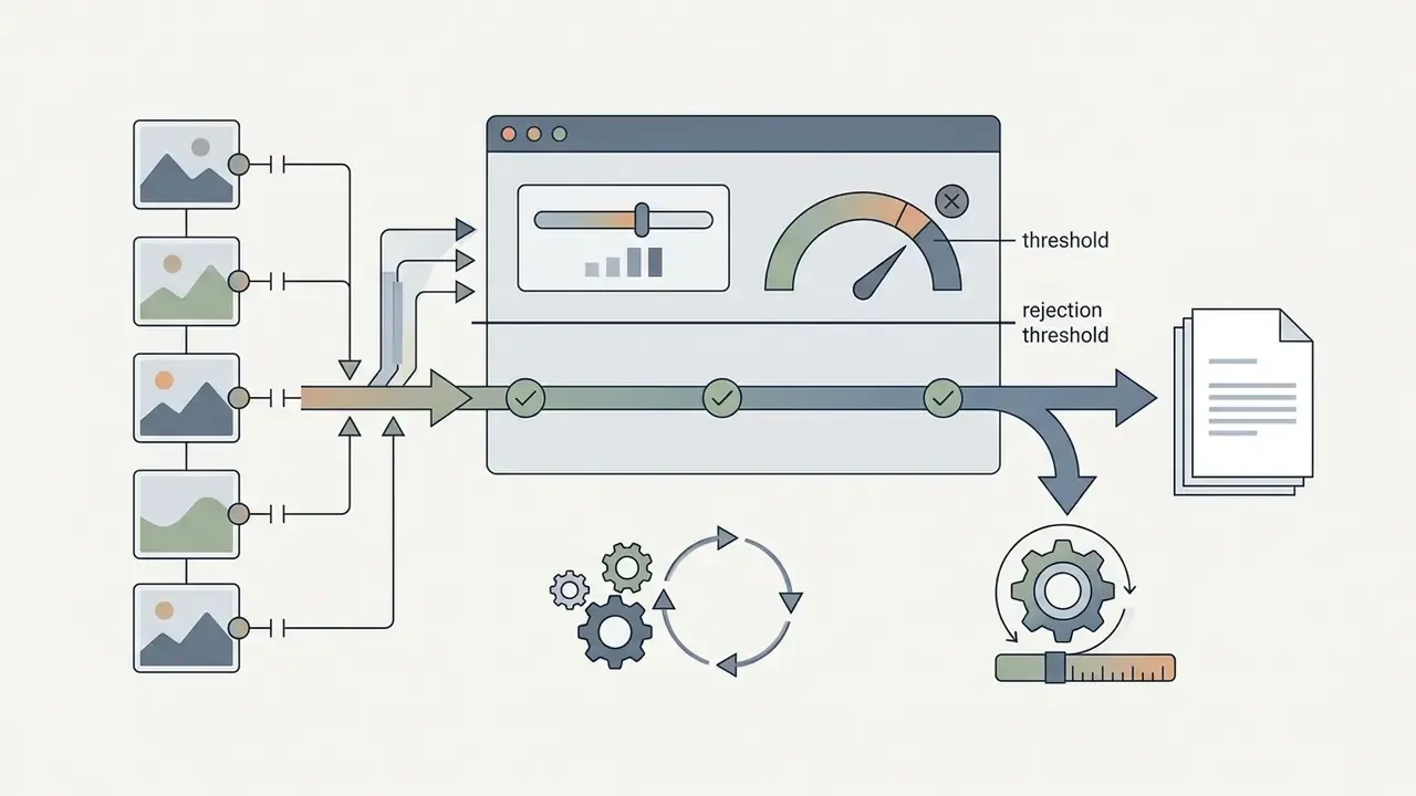 Series of images feeding into a dashboard with a gauge to monitor drift against a rejection threshold