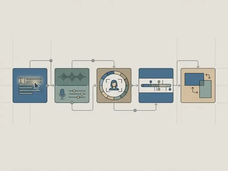 Sequence of five icons representing text input, audio settings, avatar selection, length, and aspect ratio