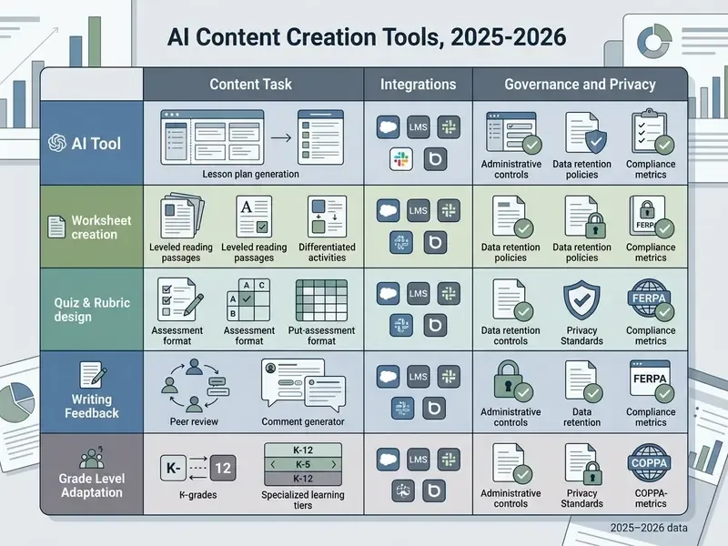 Comparison table detailing AI content creation software features, integrations, and privacy standards