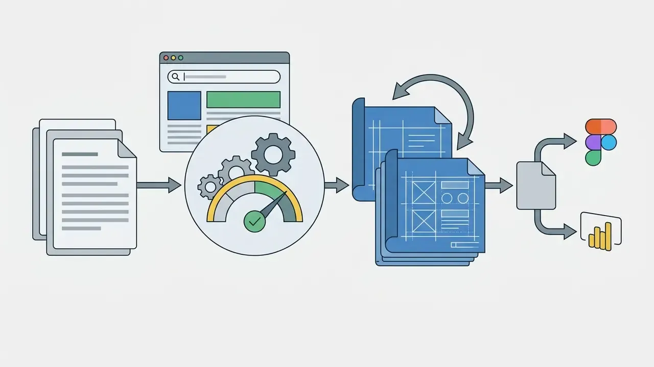Documents and website pages processed through a gauge icon into blue wireframe blueprints for export