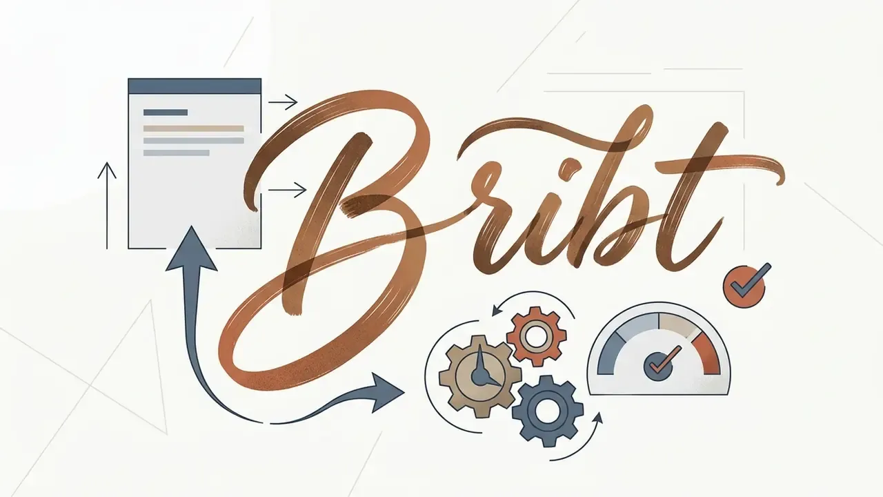 Brush script text connected to a document icon, rotating gears, and a performance gauge