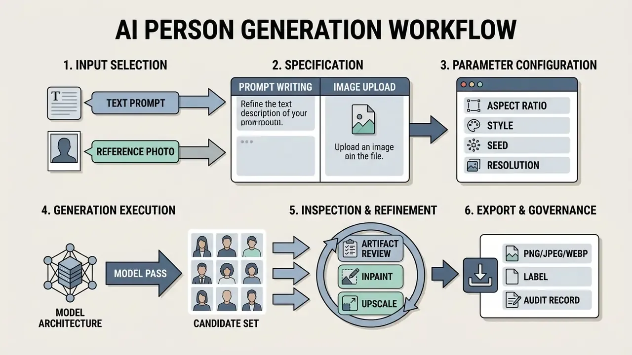 Six step diagram illustrating the technical workflow for an AI person generator from input to export