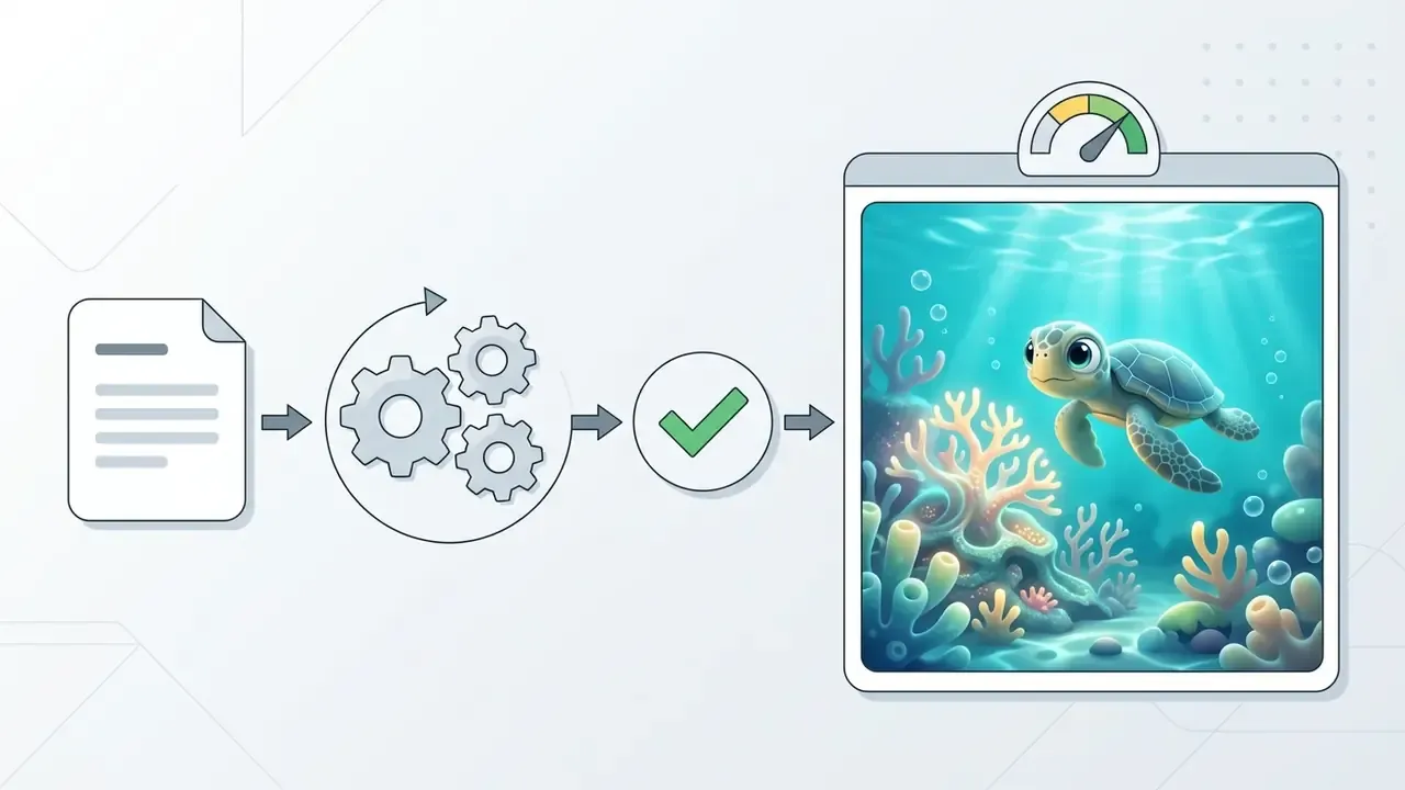 Text prompt feeding into a gear processor and checkmark icon to generate a sea turtle in a coral reef