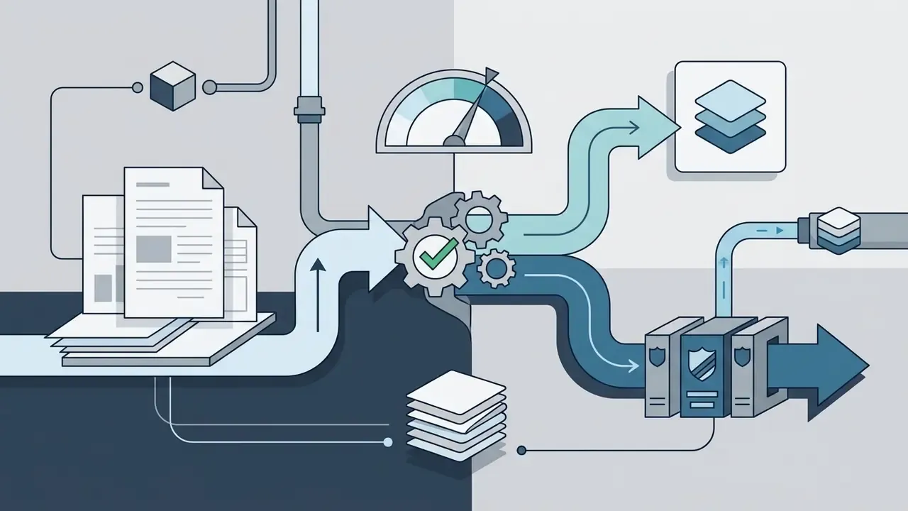 Documents moving through a gear mechanism to be processed by a server with security shield icons