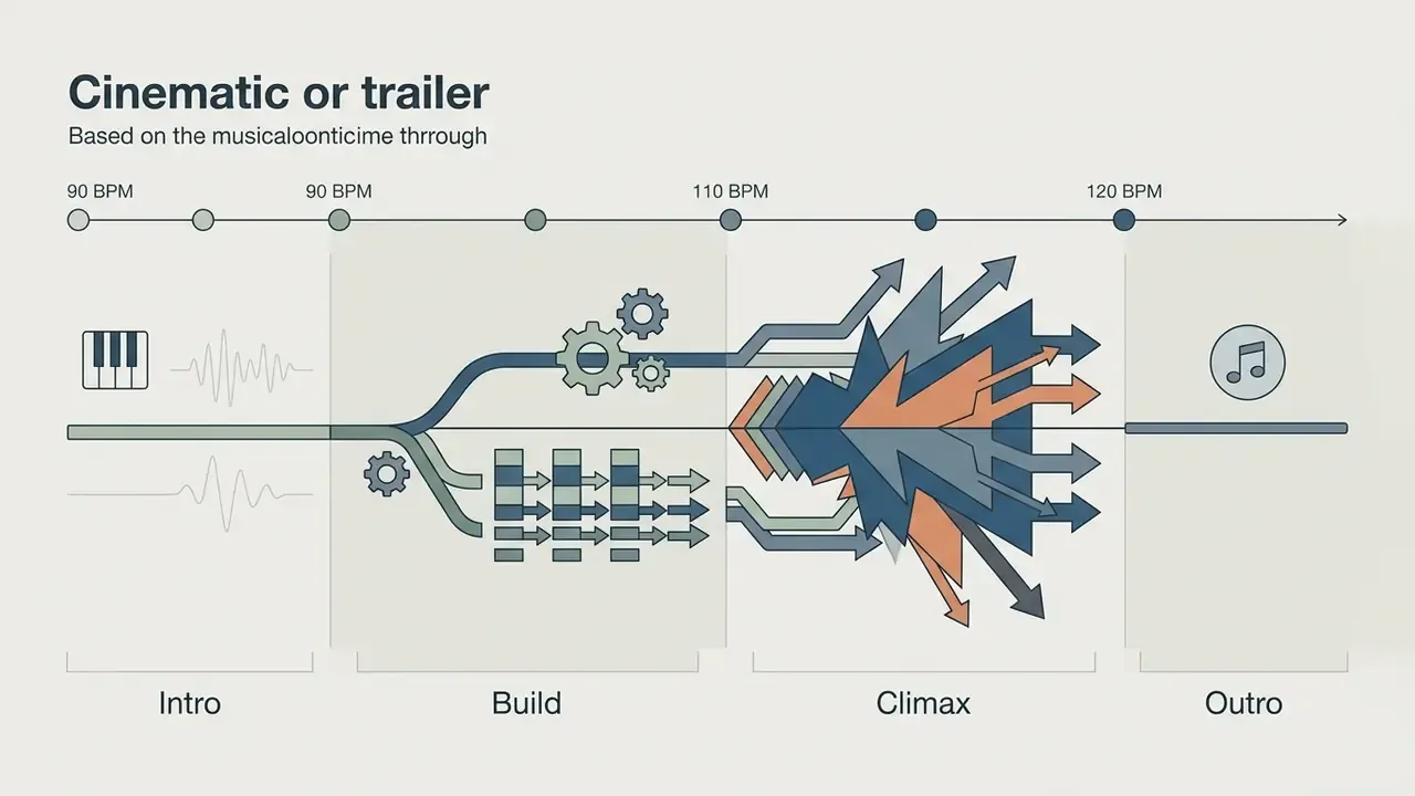 Timeline graphic showing musical progression from intro to climax through gears and expanding arrows