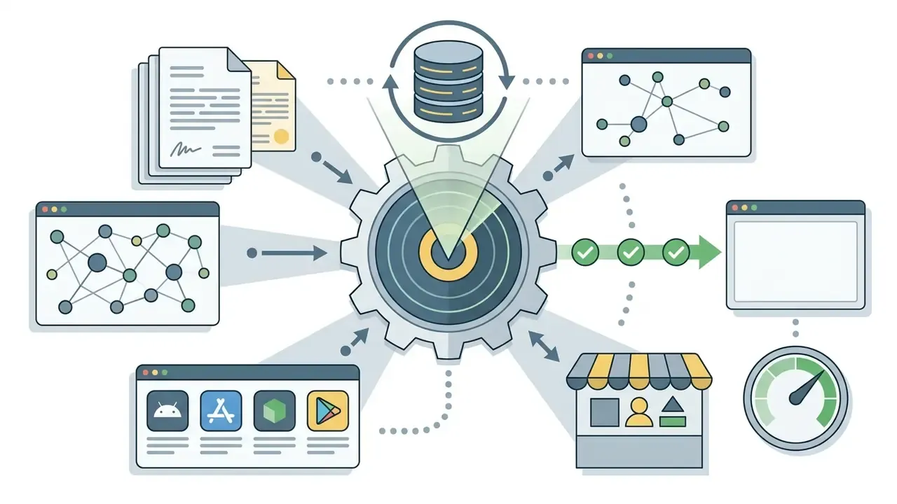 Data from documents and platforms flowing into a gear hub connected to a database and a search gauge