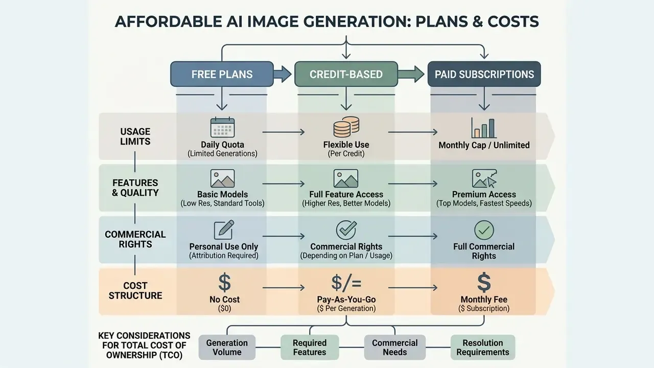 Comparison matrix of free, credit-based, and paid AI image generation plans across usage and cost metrics