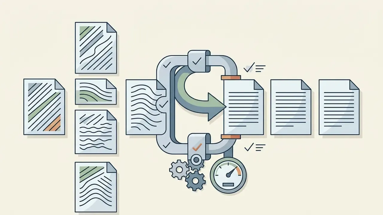 Multiple documents feeding into a central processing loop with gears and a gauge to create uniform text