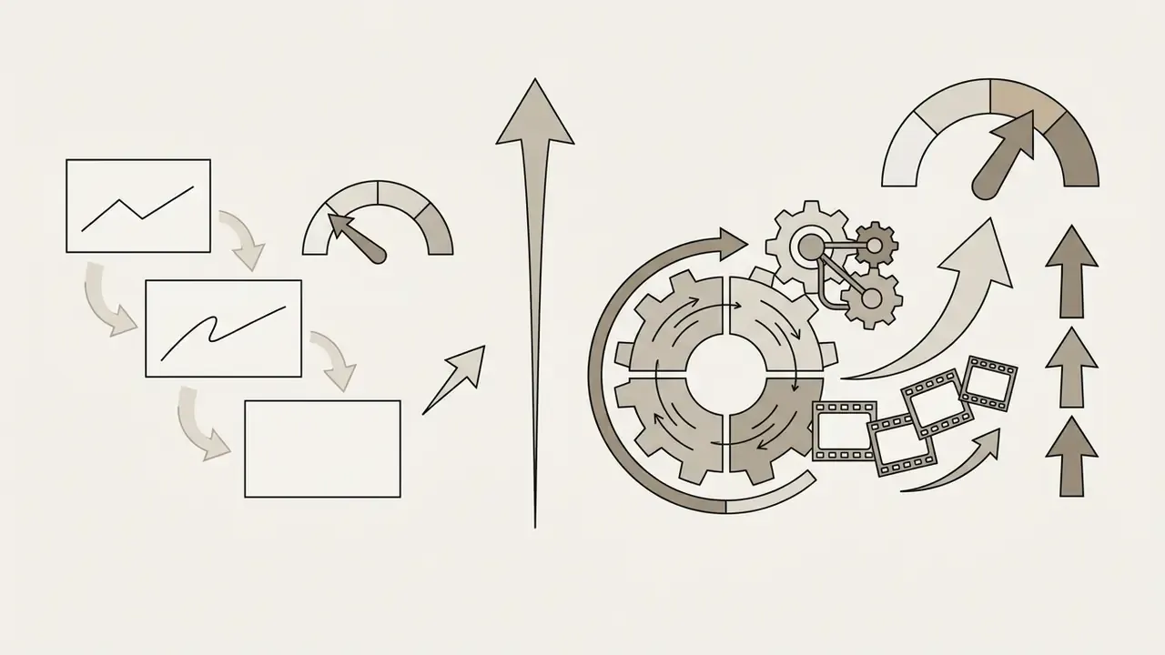 Charts and gear mechanisms showing data processing and upward performance trends with film strip icons