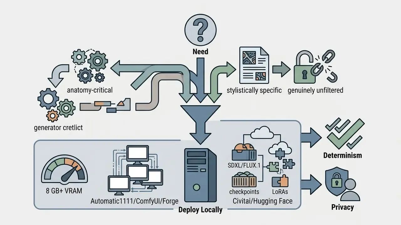 Decision path from user needs through a funnel to local deployment of generative AI models