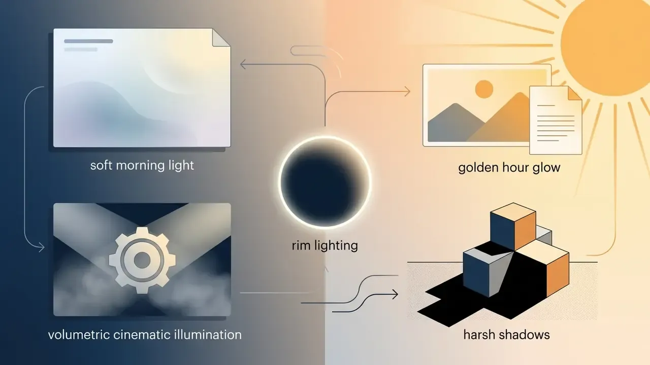 Four visual examples of lighting styles including soft morning light, volumetric illumination, and shadows
