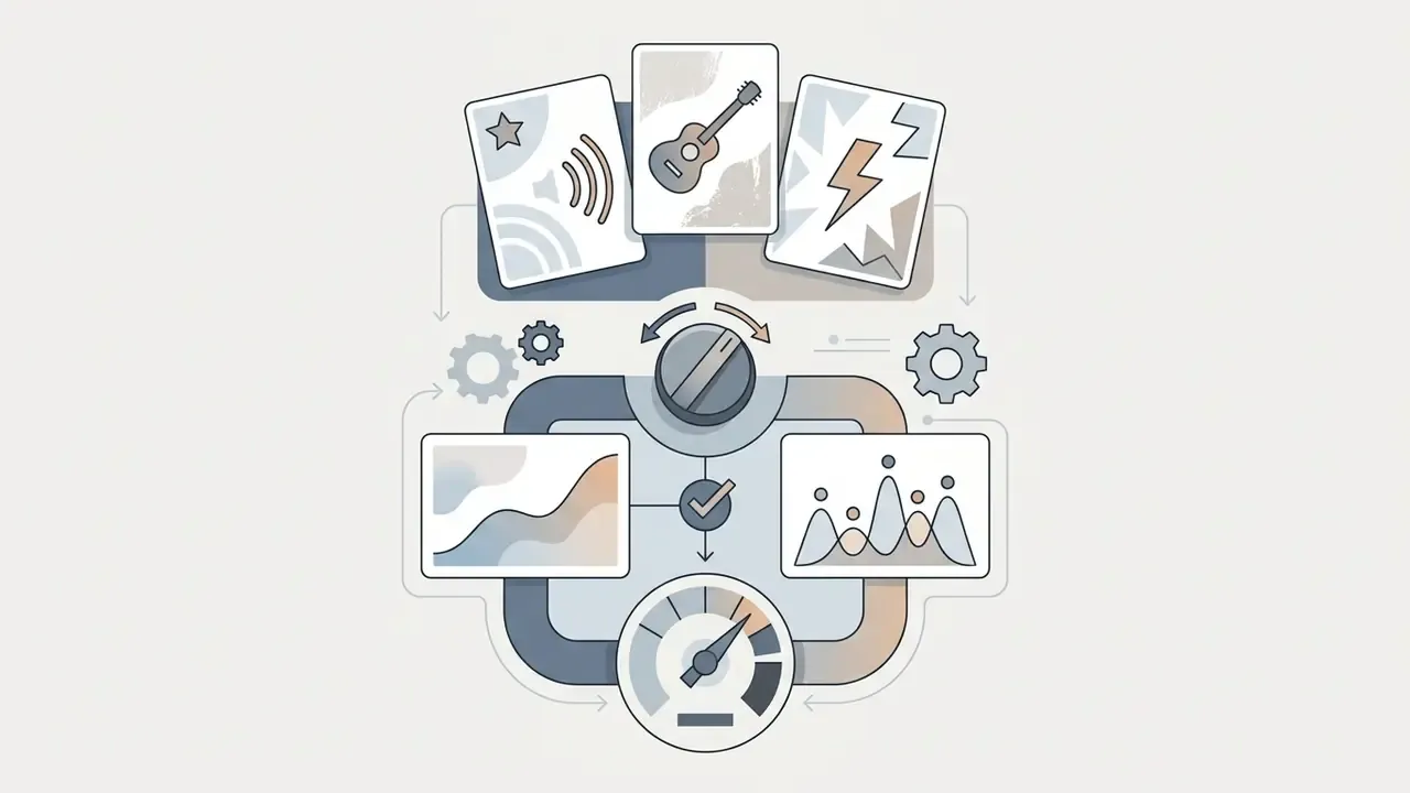 Cards with musical icons feeding into a central control knob and gauges for audio parameter adjustment