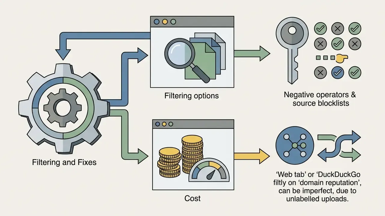 Gear system branching into filtering options and cost analysis to refine search results