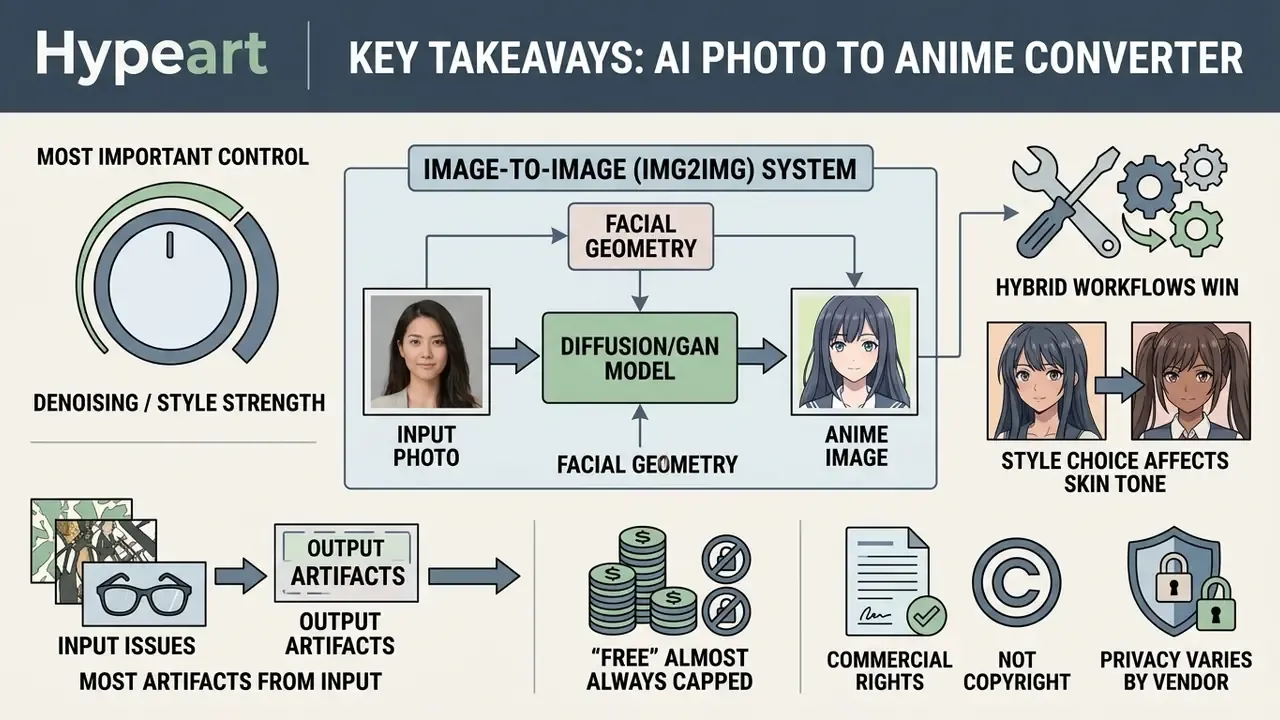 Infographic explaining how an AI photo to anime converter processes facial geometry through diffusion models