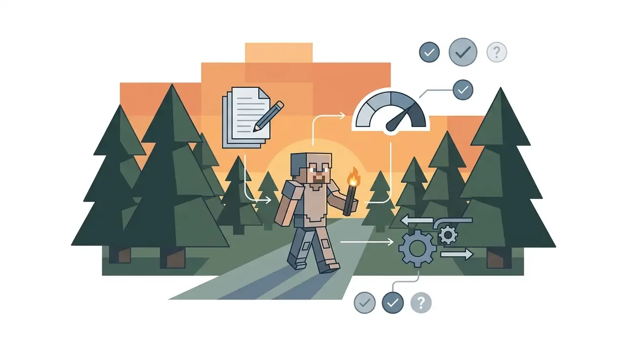 Pixelated character walking in a forest with icons representing script, speed, and mechanical processes