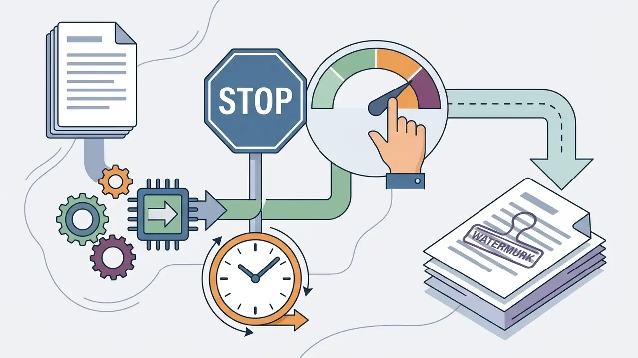 Document processing flow featuring a stop sign, speed gauge, and clock leading to watermarked output files