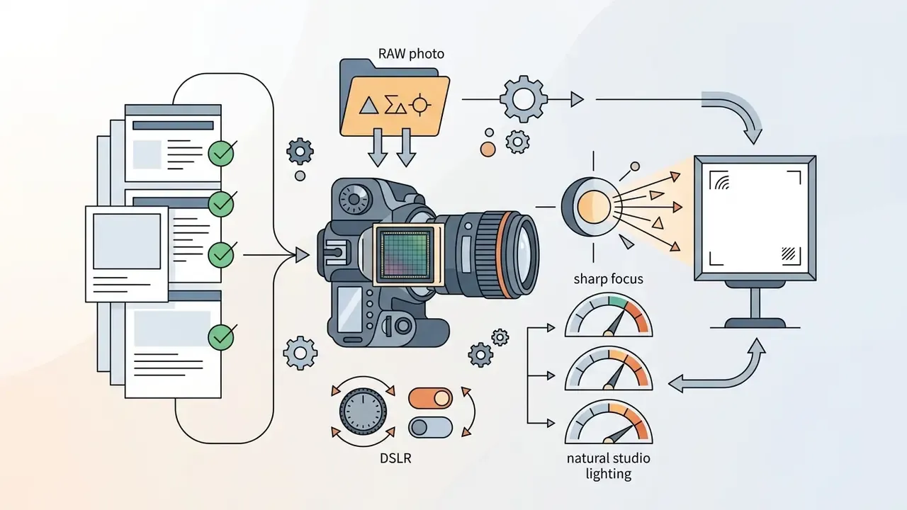 Technical graphic showing a DSLR camera processing RAW photo data into a sharp focused digital display