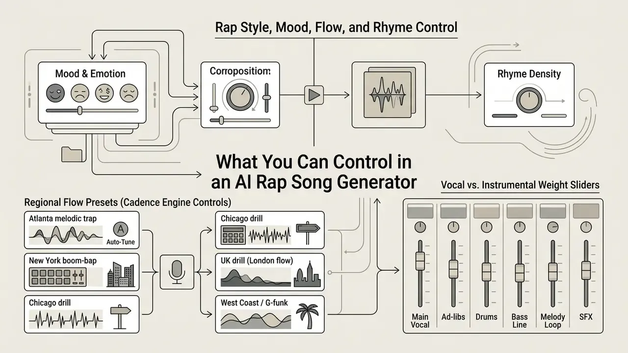 Diagram showing adjustable parameters for mood, regional flow presets, and audio track weight sliders