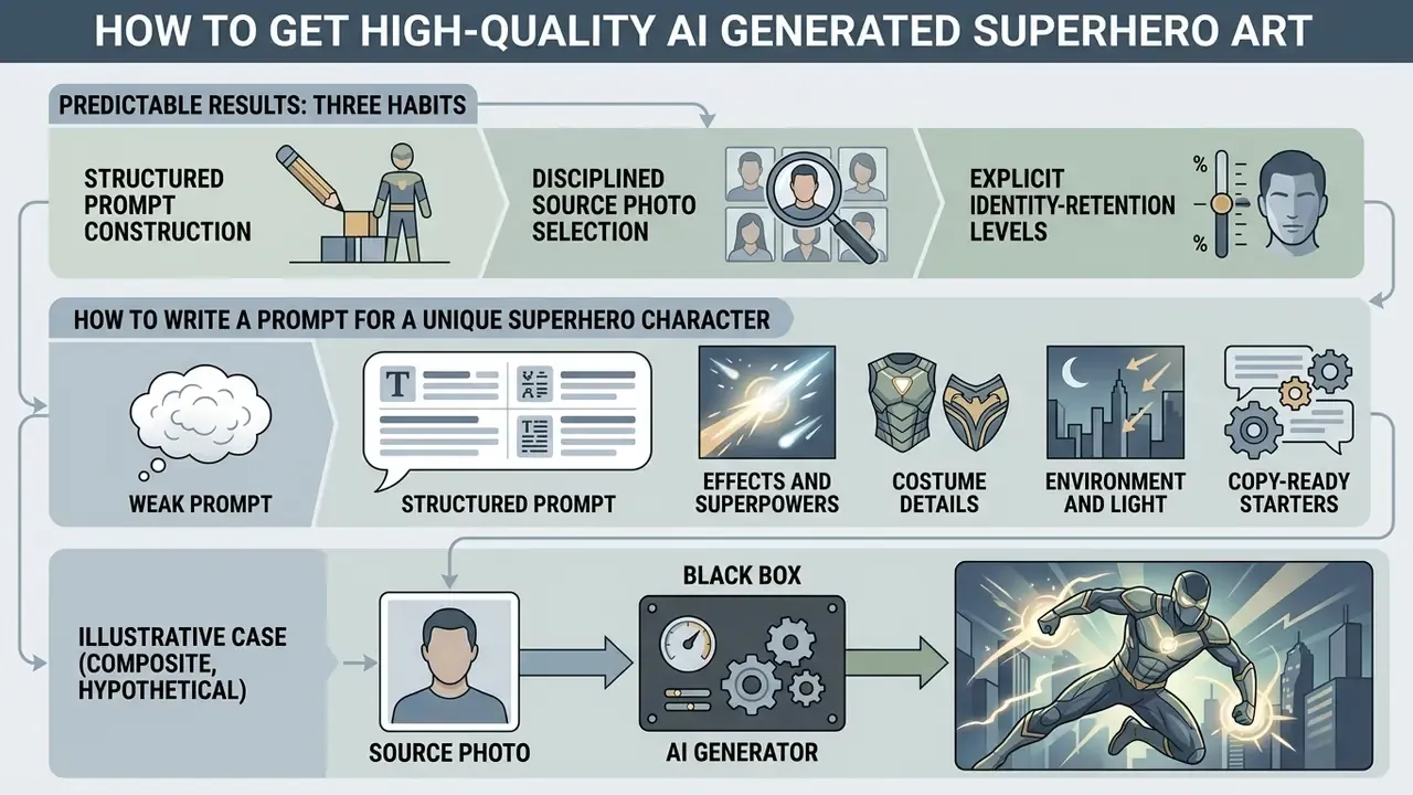 Diagram detailing prompt construction, source photo selection, and character generation techniques