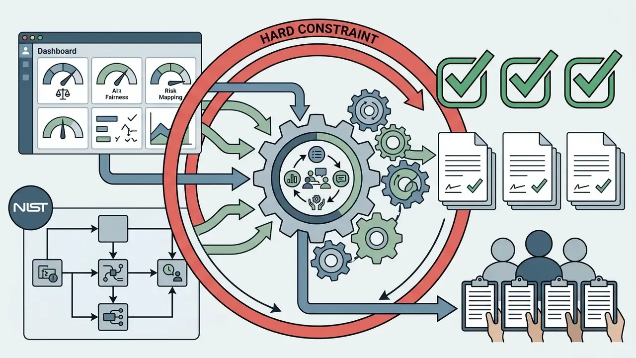 Dashboard and NIST framework inputs feeding a central gear mechanism that outputs human-reviewed documents