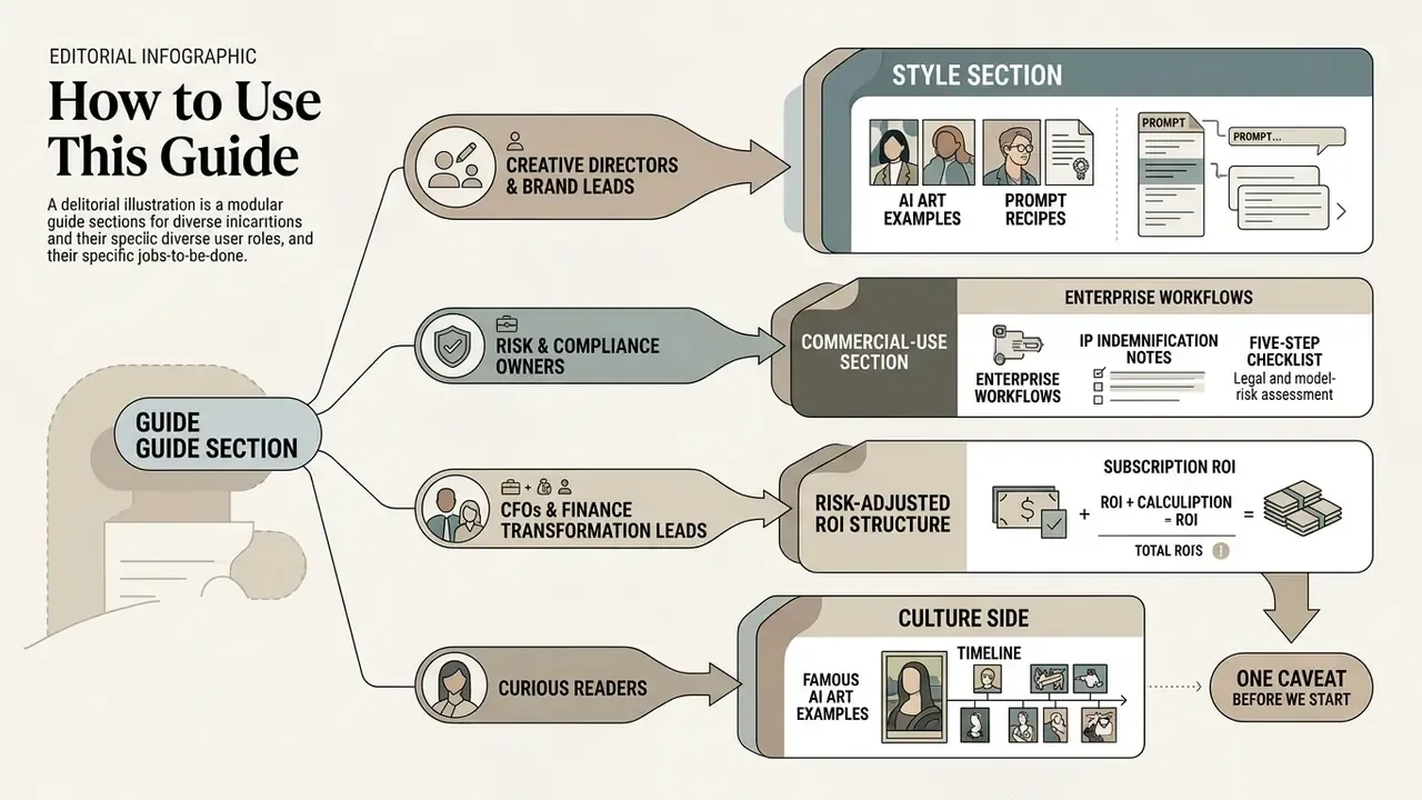 Flowchart showing how different professional roles navigate modular sections for AI art examples and workflows