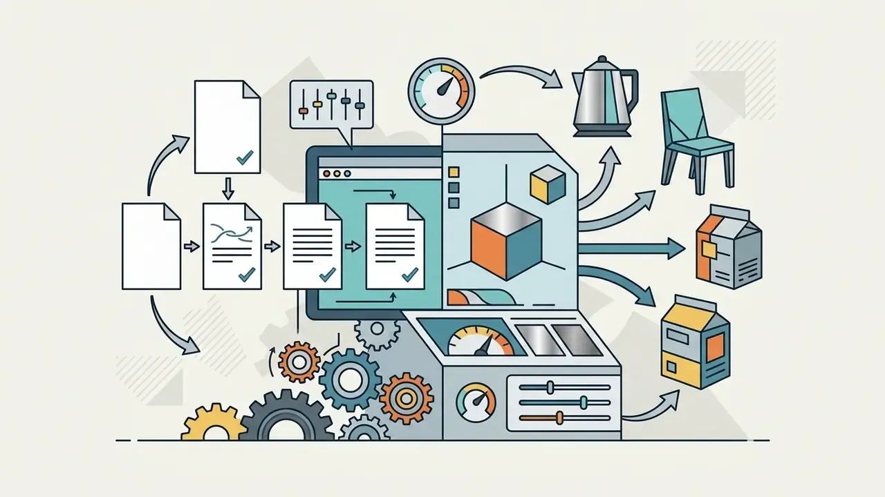 System of gears and digital controls processing design documents into varied industrial product prototypes