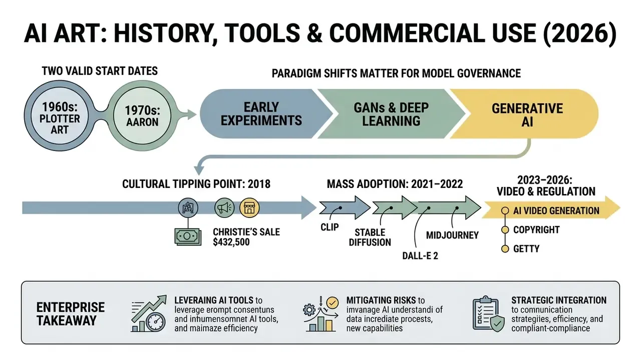Timeline infographic showing the history of AI art from early experiments to mass adoption and regulation