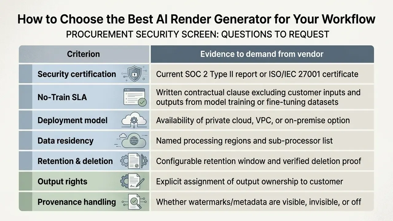 Table listing procurement security criteria and required evidence for software vendor evaluation