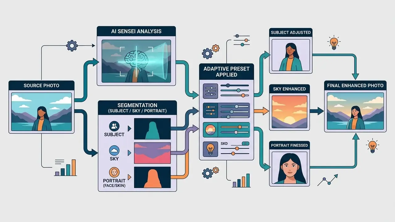Flowchart showing AI image processing from source photo analysis and segmentation to adaptive adjustments