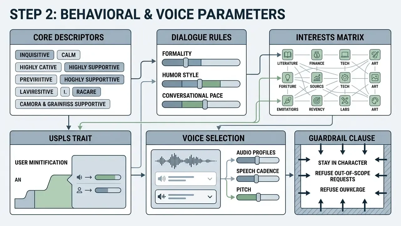Diagram detailing settings for personality, dialogue, interests, voice, and guardrails to create your AI girlfriend