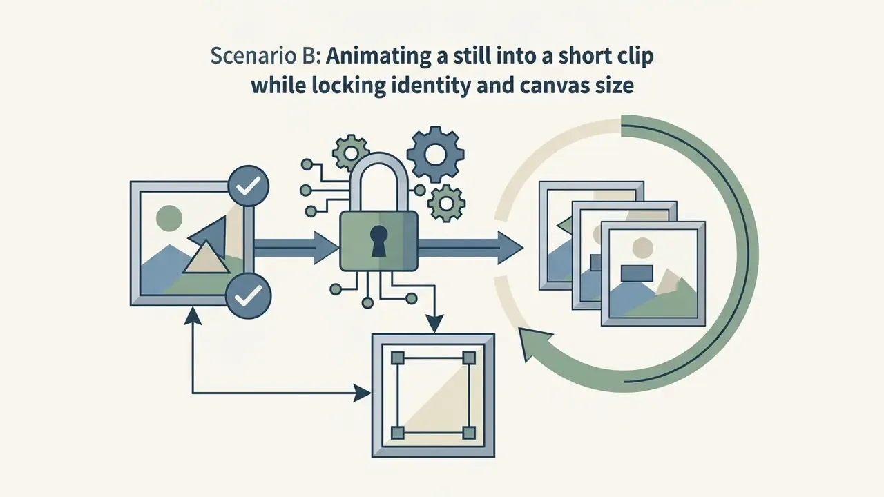 A locked padlock icon connecting a single image to a sequence of frames within a circular process loop