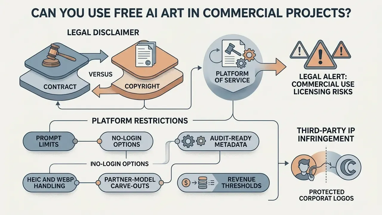 Flowchart showing legal risks and platform restrictions for using generative content in business