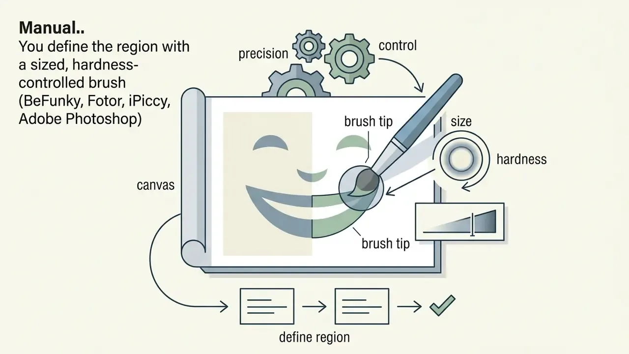 Brush tool painting a smile on a canvas with adjustable size and hardness settings for manual editing
