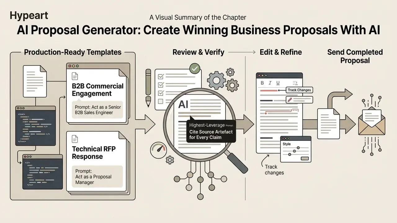 Step-by-step workflow showing how templates and AI verification lead to a finalized business document