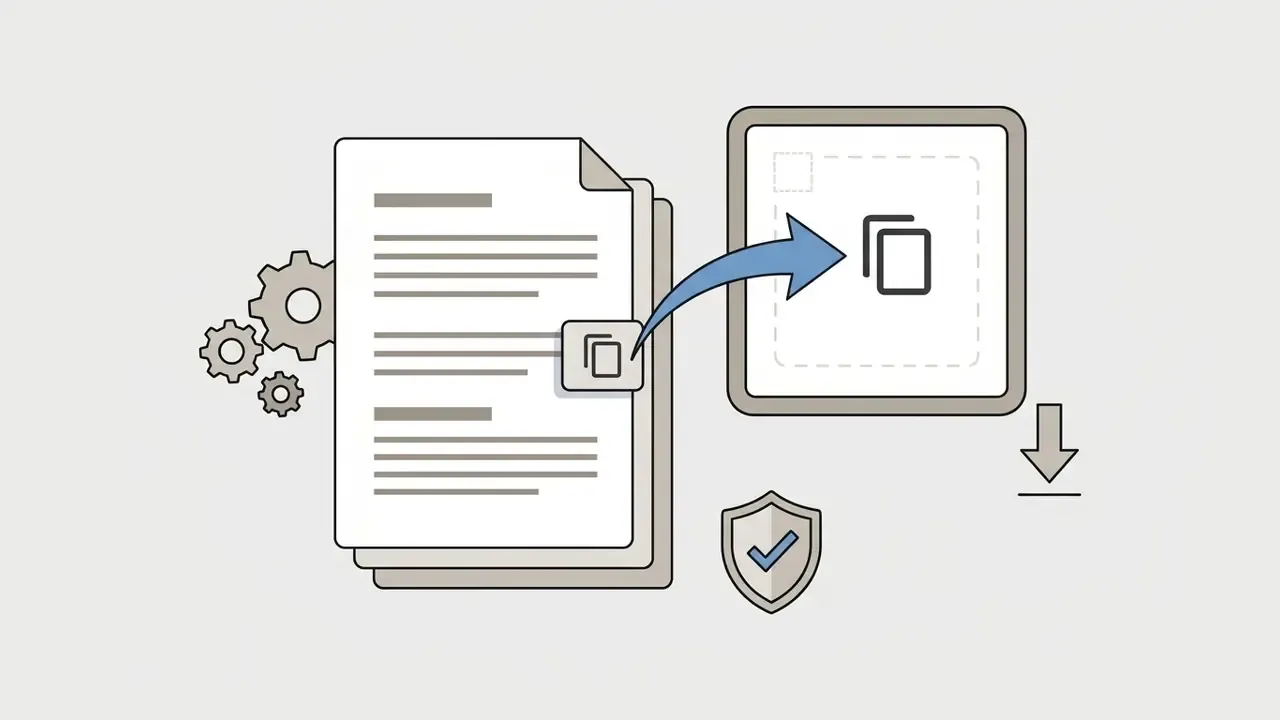 Document stack with a copy icon transferring text content to a clipboard interface with a shield icon