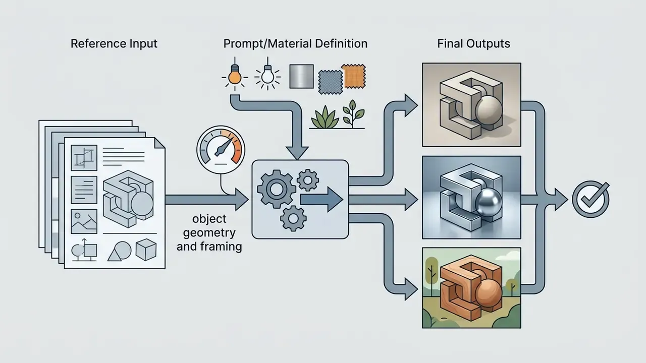 Reference inputs and material prompts merging into a central processor to generate varied geometric outputs