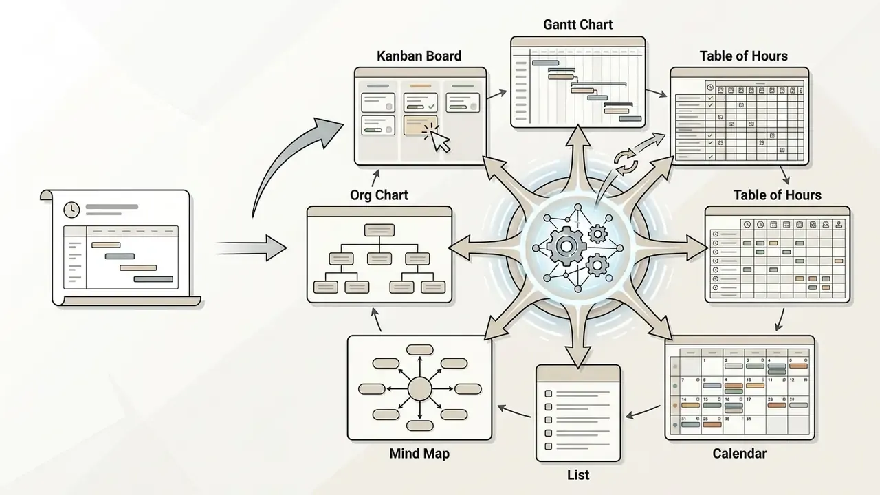 Central hub connecting various project views like Kanban boards, Gantt charts, and calendars