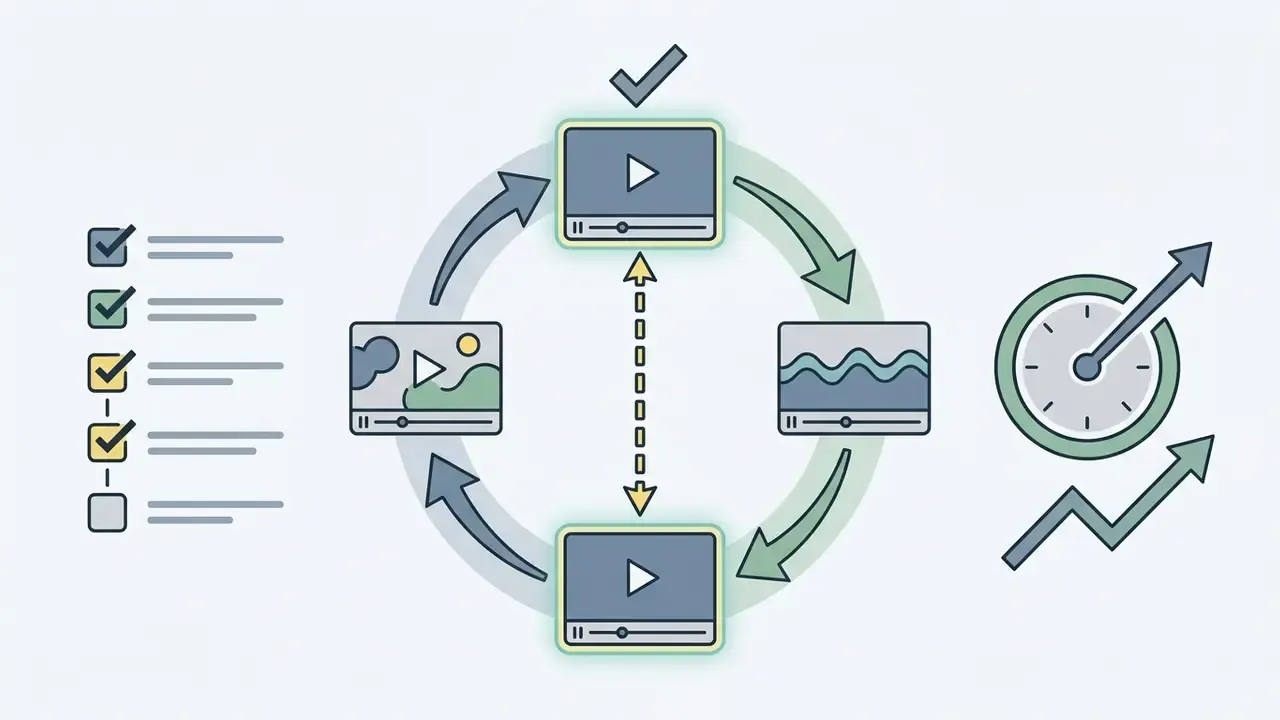 Circular process diagram showing video frames, a checklist, and a gauge indicating optimized playback