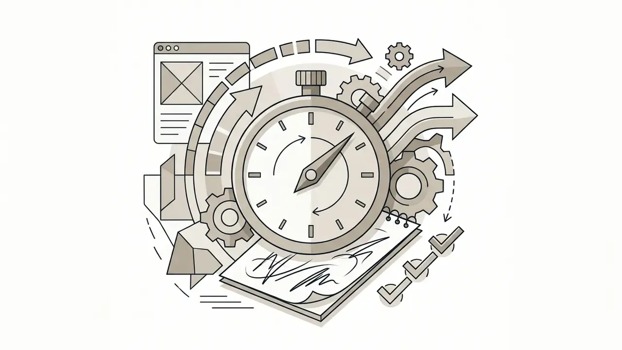 Stopwatch surrounded by gears, a sketchpad, and arrows representing a fast-paced creative workflow
