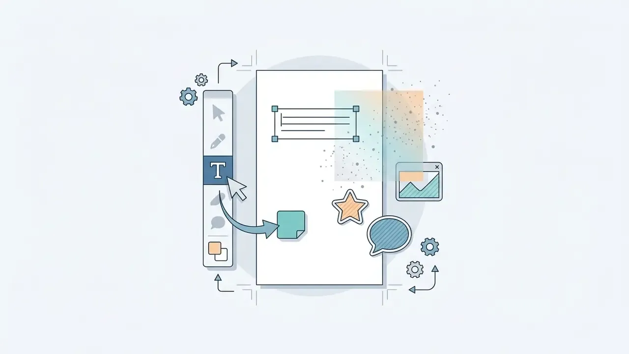 Vertical toolbar with text and sticker icons being placed onto a blank canvas with a cursor
