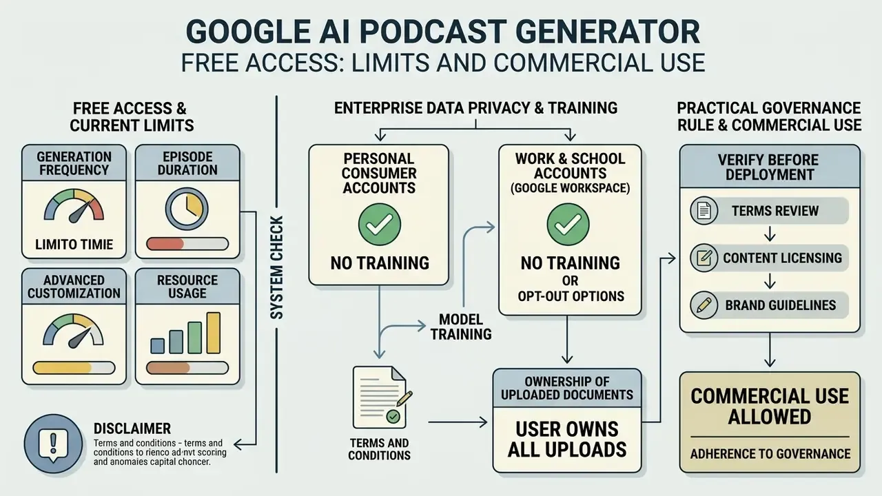 Infographic outlining usage limits, data privacy policies, and governance rules for commercial deployment